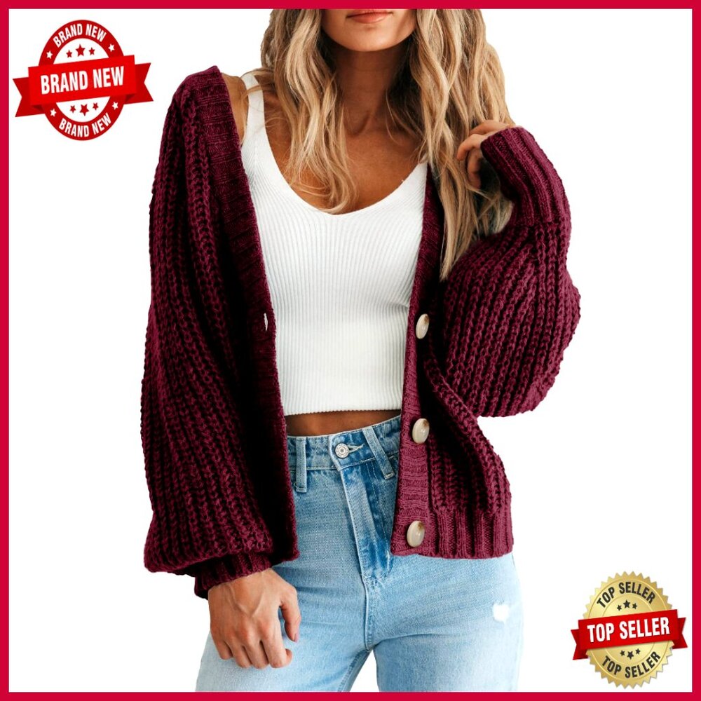 Chunky Knit Open Front Cardigan Sweater Long Sleeve Button Loose Fit